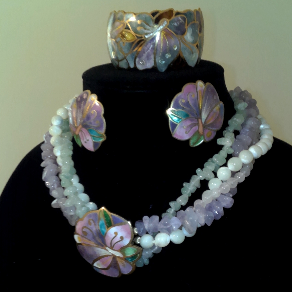 Artist David Kuo Enamel Champleve, Necklace, Bracelet, Earrings.